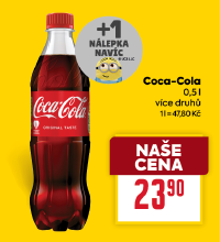 Banner: Coca-Cola 0,5 l za 23,90 Kč + extra nálepka Mimoni.