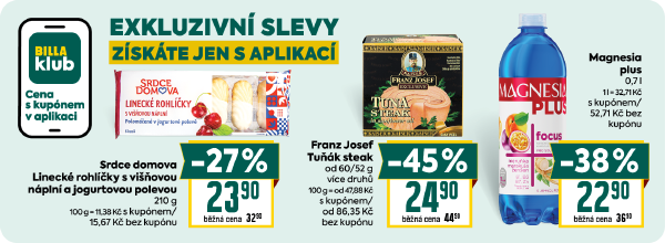 Banner: Cena s kupónem v aplikaci. Srdce domova Linecké rohlíčky s višňovou náplní a jogurtovou polevou 210 g za 23,90 Kč. Tuňák Franz Josef steak od 60/52 g za 24,90 Kč. Magnesia plus 0,7 l za 22,90 Kč.
