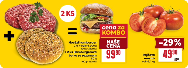 Banner: Kombo Hovězí hamburger 2 ks + 2 ks Hamburgerová bulka se sezamem za 99,90 Kč. Rajčata masitá 1 kg za 49,90 Kč.