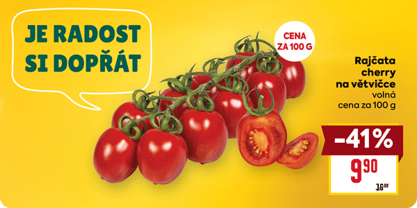 Banner: Rajčata cherry na větvičce volná cena za 100 g 9,90 Kč. Moravská krkovice speciál cena za 100 g 22,90 Kč. Oskar vícezrnný chléb 505 g za 49,90 Kč s BILLA klubem.