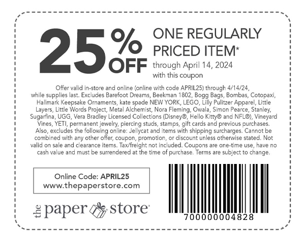 25% off one regularly priced item* coupon