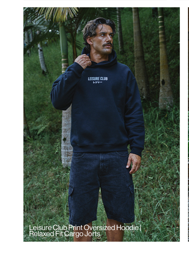 Leisure Club Print Oversized Hoodie in Black