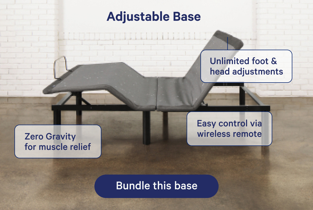 Adjustable Base; Unlimited foot & head adjustments, zero gravity for muscle relief, easy control via wireless remote