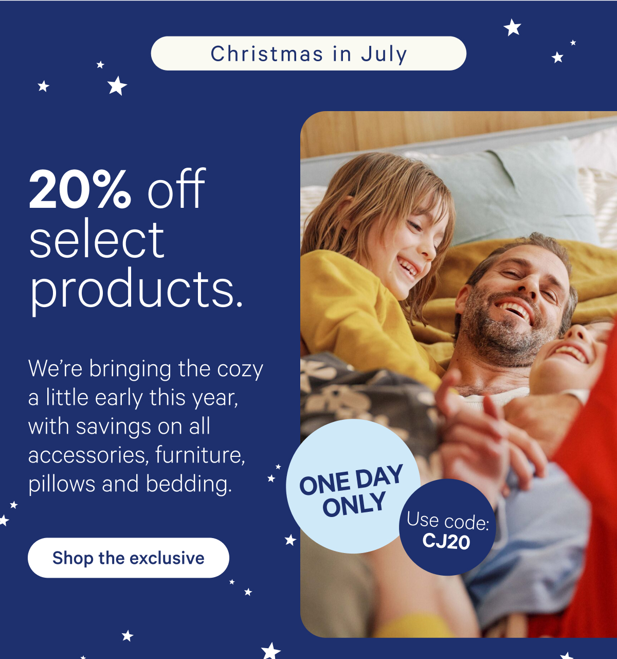 20% off select products. We're bringing the cozy a little early this year, with savings on all accessories, furniture, pillows, and bedding. Use code: CJ20