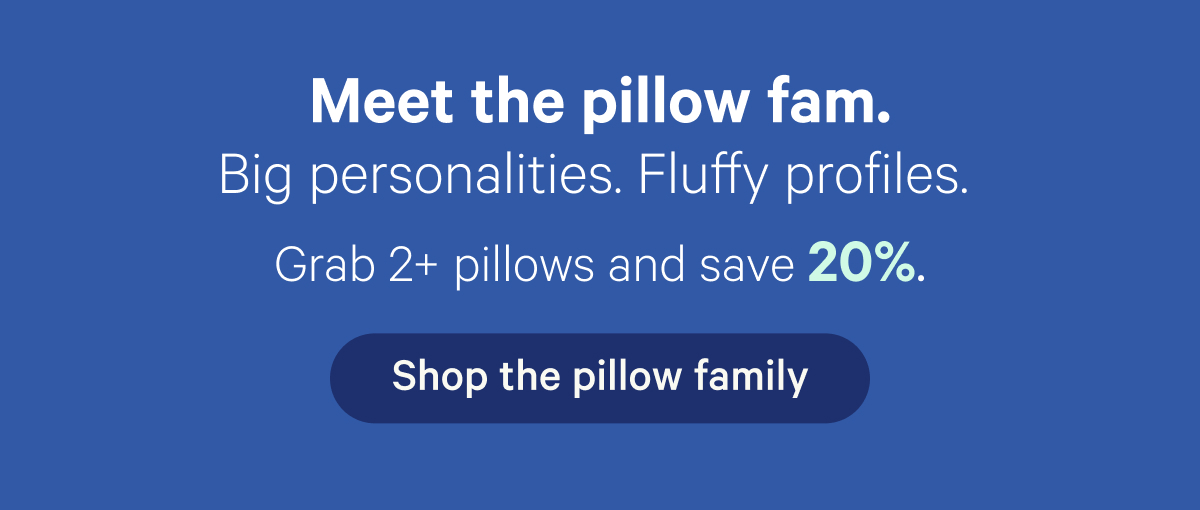 Meet the pillow fam. Big personalities. Fluffy profiles. Grab 2+ pillows and save 20%.