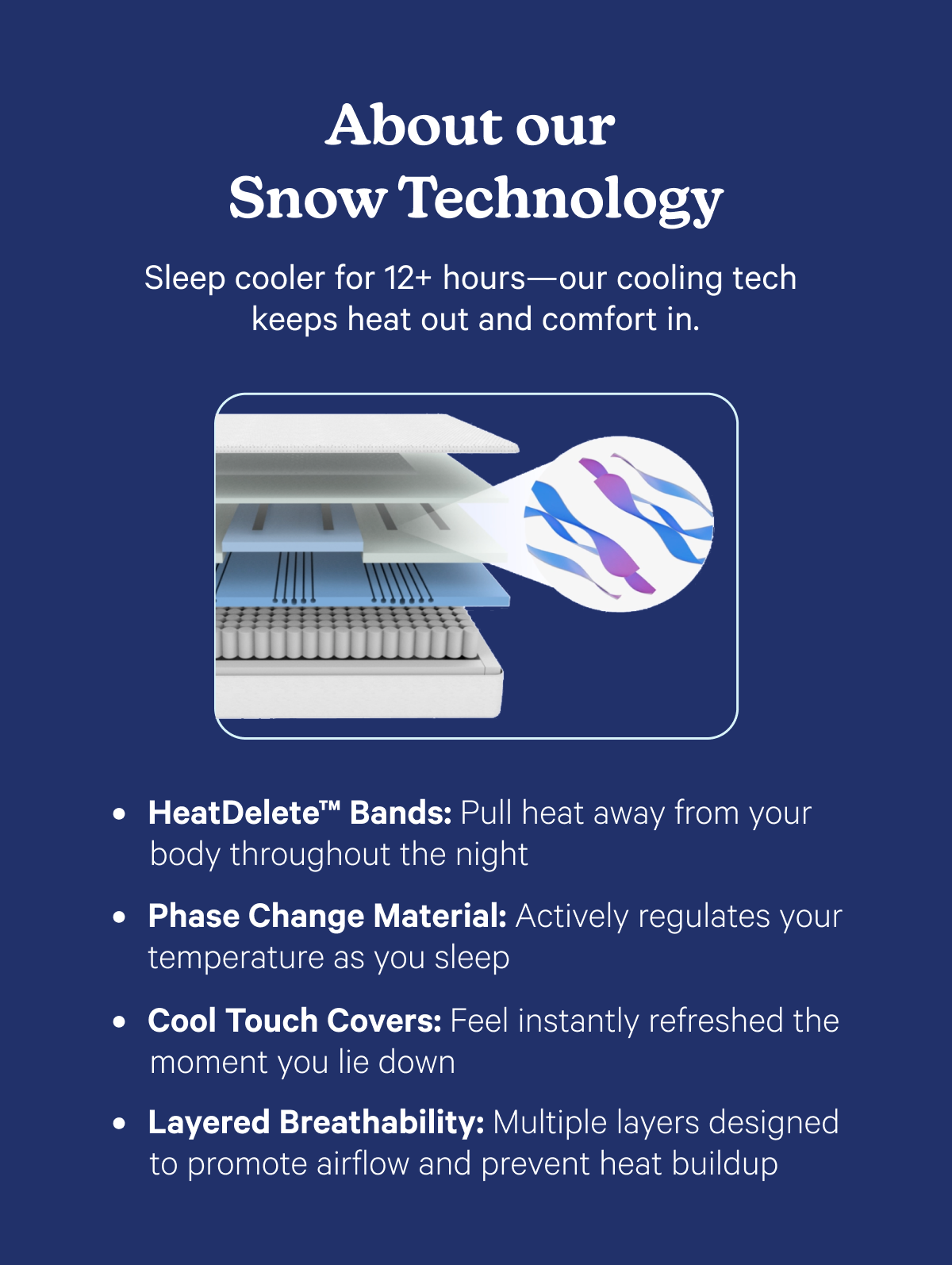 About our Snow Technology; Sleep cooler for 12+ hours—our cooling tech keeps heat out and comfort in.; HeatDelete™ Bands: Pull heat away from your body throughout the night; Phase Change Material: Actively regulates your temperature as you sleep; Cool Touch Covers: Feel instantly refreshed the moment you lie down; Layered Breathability: Multiple layers designed to promote airflow and prevent heat buildup