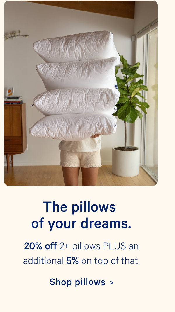 The pillows of your dreams. 20% off 2+ pillows PLUS an additional 5% on top of that.