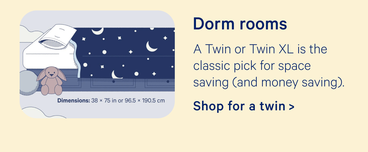 Dorm rooms; A Twin or Twin XL is the classic pick for space saving (and money saving). 