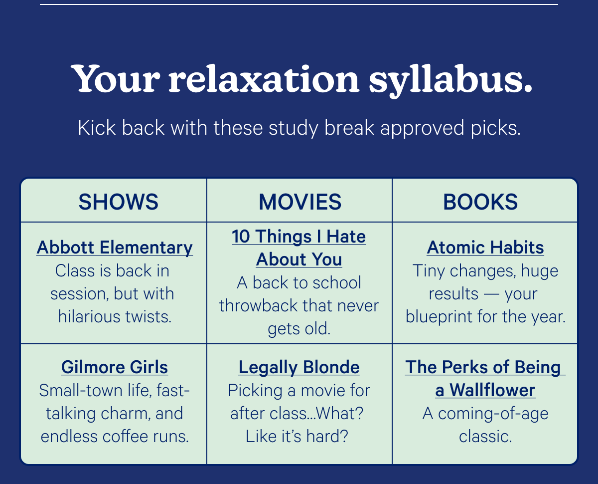 Your relaxation syllabus. Kick back with these study break approved picks.