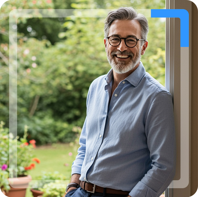 Un hombre sonriente con gafas y camisa azul claro posa apoyado en el marco de una puerta con un jardín frondoso de fondo.
