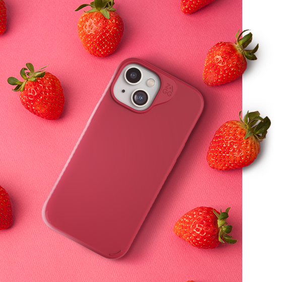 Pink Phone Case on Pink Backround surrounded by Strawberries