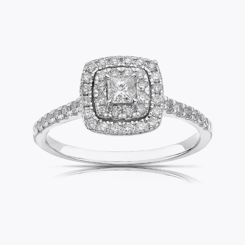 18ct White Gold 0.50ct Diamond Princess Cut Double Halo Cluster Ring