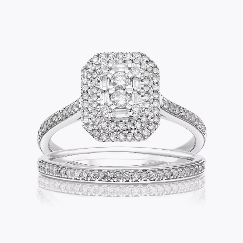 18ct White Gold 0.50ct Diamond Emerald Shaped Halo Cluster Bridal Set