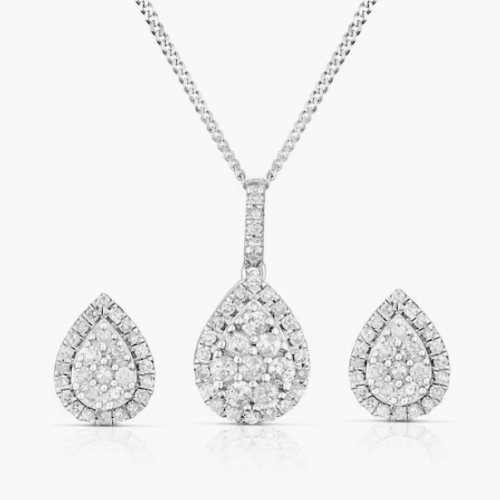 9ct White Gold 0.50ct Diamond Pear Shape Cluster Earrings & Pendant Set