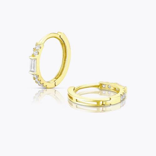 9ct Yellow Gold Round & Baguette Cubic Zirconia Huggie Hoop Earrings