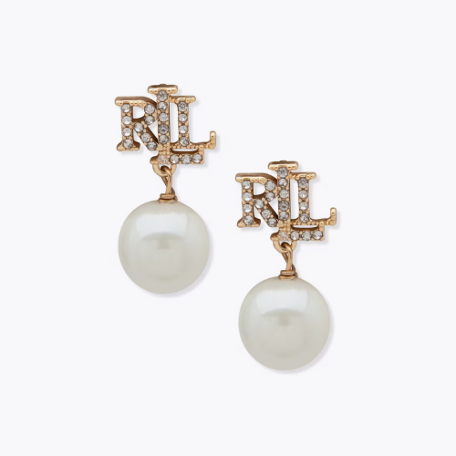 Lauren Ralph Lauren Gold Tone & Logo Simulated Pearl Drop Earrings