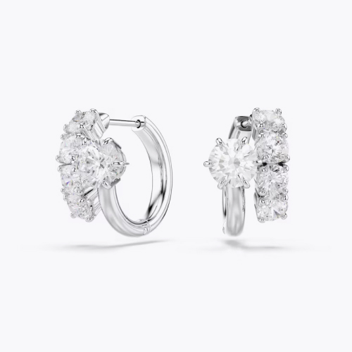 Swarovski Matrix Silver Tone White Crystal Round Cut Hoop Earrings