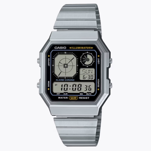 Casio A130WE-1AEF Retro Vintage Black Square Dial & Stainless Steel Watch
