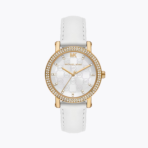 Michael Kors Corey Women's Pavé White Leather Strap Watch