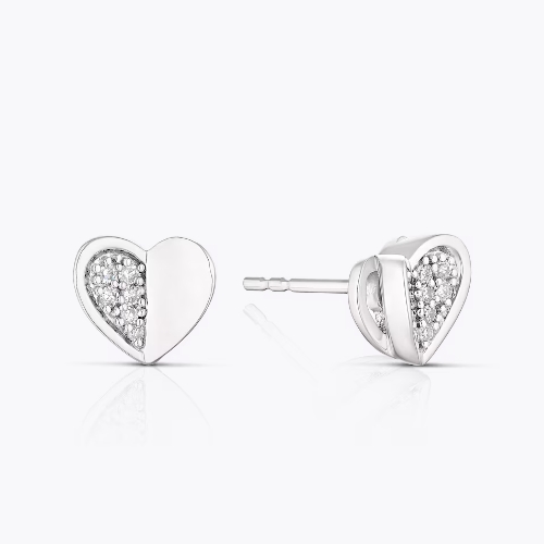Sterling Silver 0.06ct Diamond Half Set Heart Stud Earrings