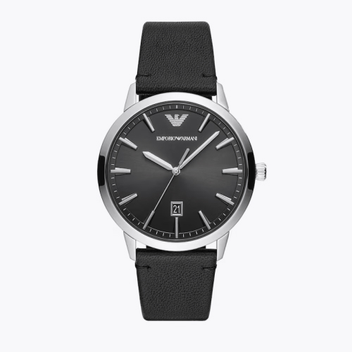 Emporio Armani Men's Black Dial Black Leather Strap Watch
