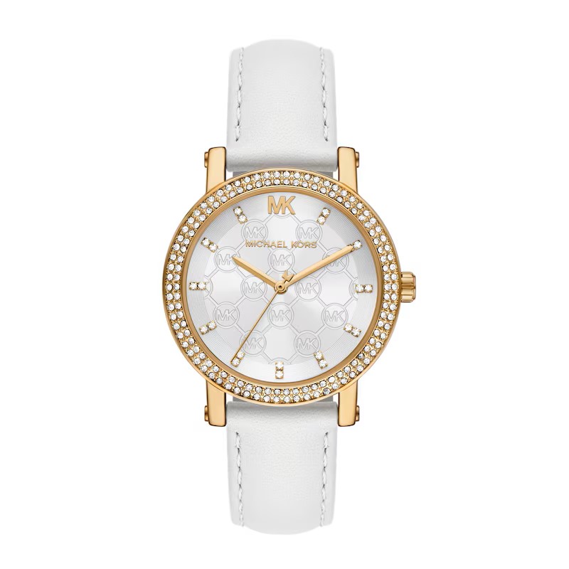 Michael Kors Corey Women's Pavé White Leather Strap Watch