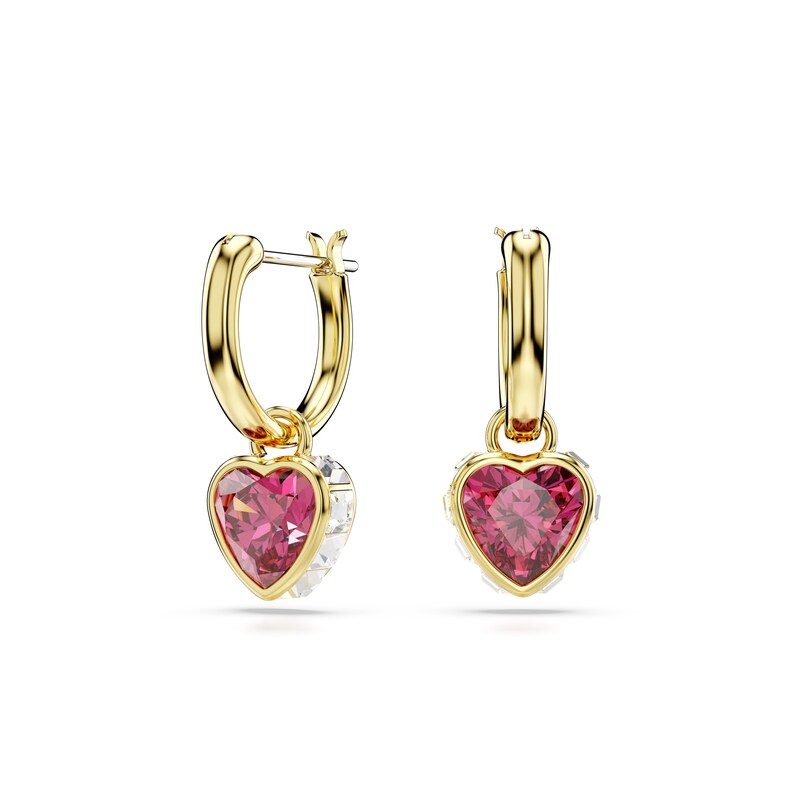 Swarovski Chroma Gold Tone & Red Zirconia Heart Shaped Drop Hoop Earrings