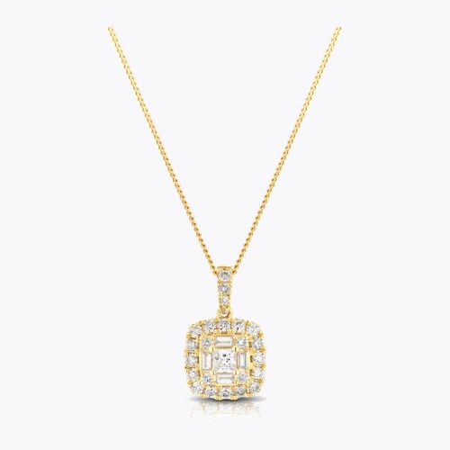 9ct Yellow Gold 0.50ct Diamond Cushion Cluster Pendant Necklace