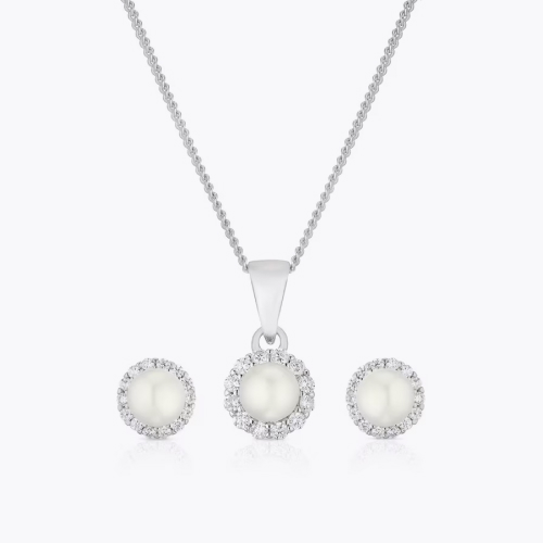 Sterling Silver Cultured Freshwater Pearl Cubic Zirconia Earrings & Pendant Set