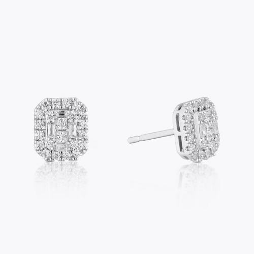 Platinum Emerald Shaped 1ct Diamond Double Halo Stud Earrings