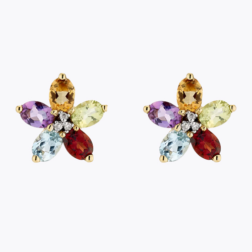 9ct Yellow Gold Mixed Coloured Flower Stud Earrings
