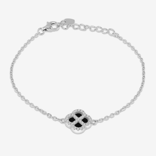 Sterling Silver 6.25+1.25 Black Agate & Cubic Zirconia Clover Bracelet
