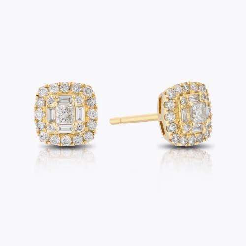 9ct Yellow Gold 0.50ct Diamond Cushion Cluster Stud Earrings