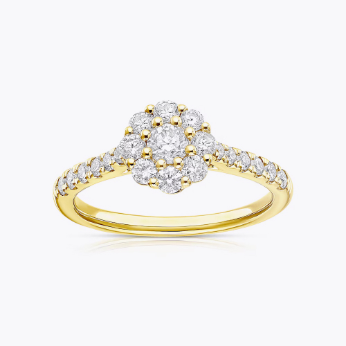 Engagement Ring 18ct Yellow Gold Flower Halo 0.75ct Diamond Ring