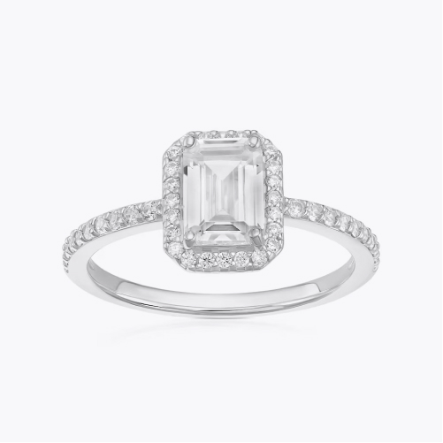 Sterling Silver Baguette Cubic Zirconia Halo Ring