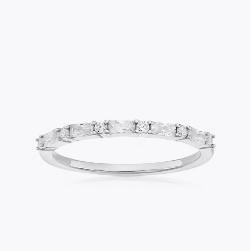 Sterling Silver Baguette & Round Cubic Zirconia Half Eternity Ring