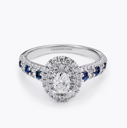Engagement Ring Vera Wang Platinum Sapphire Double Halo Certificated 0.80ct Diamond Ring