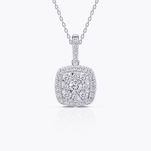 Platinum White 0.50ct Diamond Cushion Shaped Cluster Pendant Necklace
