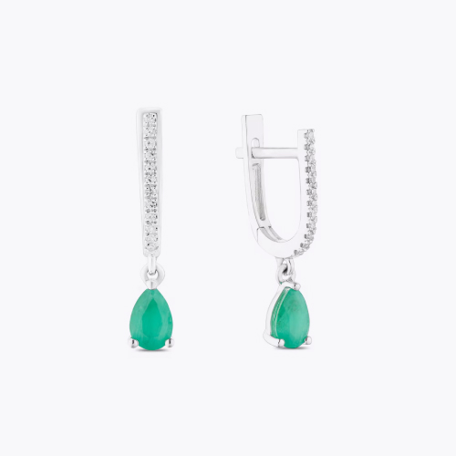 9ct White Gold Diamond & Emerald Pear Shaped Drop Earrings