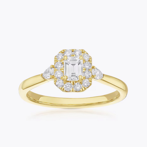 Engagement Ring Origin 18ct Yellow Gold Emerald Shaped Halo & Trilogy 0.50ct Diamond Ring