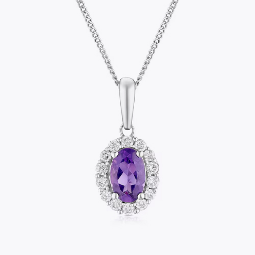 9ct White Gold Amethyst & 0.15ct Diamond Halo Pendant
