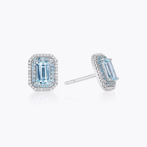 9ct White Gold Aquamarine 0.12ct Diamond Double Halo Earrings