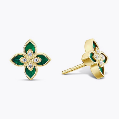 9ct Yellow Gold 8mm Created Malachite & Cubic Zirconia Floral Stud Earrings
