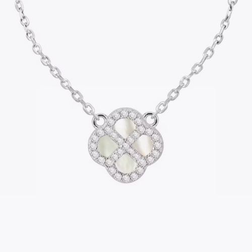 Sterling Silver 15.75+2 Mother of Pearl & Cubic Zirconia Clover Necklace