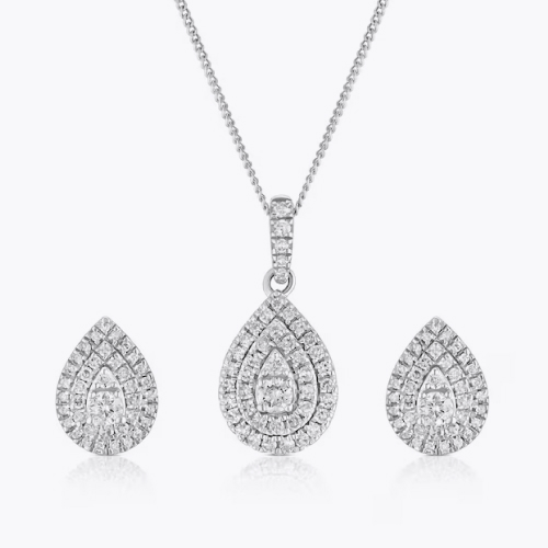 9ct White Gold 0.50ct Diamond Pear Shaped Halo Earrings & Necklace Set