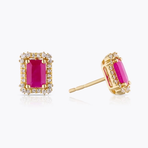 18ct Yellow Gold 0.15ct Diamond & Ruby Emerald Shaped Stud Earring
