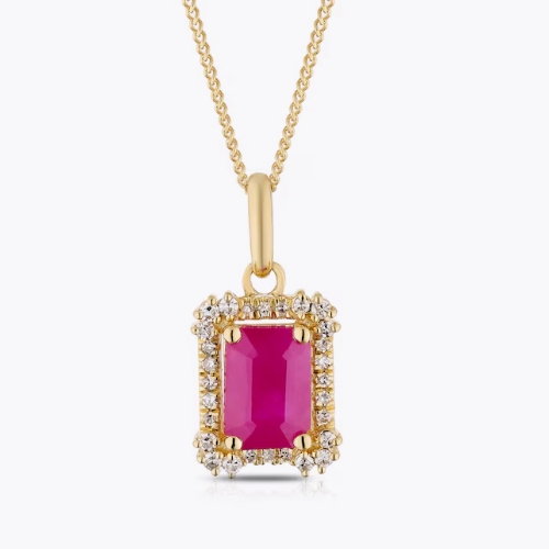 18ct Yellow Gold 16+2'' 0.10ct Diamond & Ruby Emerald Shaped Pendant