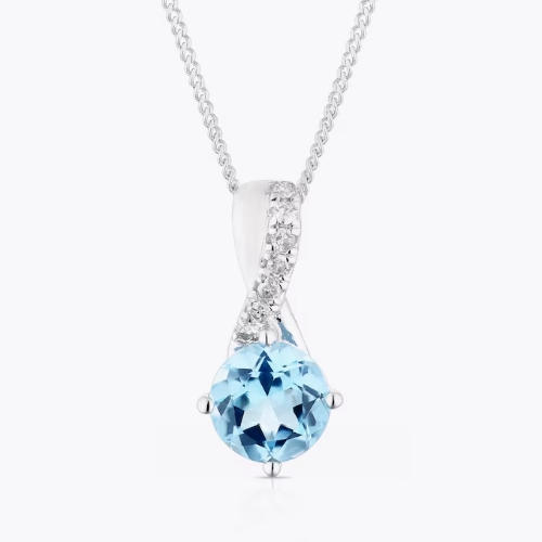 9ct White Gold 16'' Diamond & Topaz Solitaire Pendant