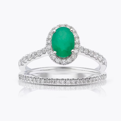 18ct White Gold 0.33ct Diamond & Emerald Oval Bridal Set