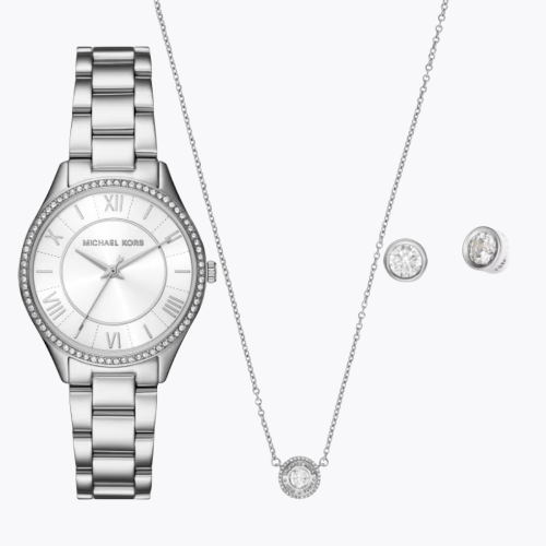 Michael Kors Lauryn Stainless Steel Watch, Silver Tone Necklace & Earrings Giftset
